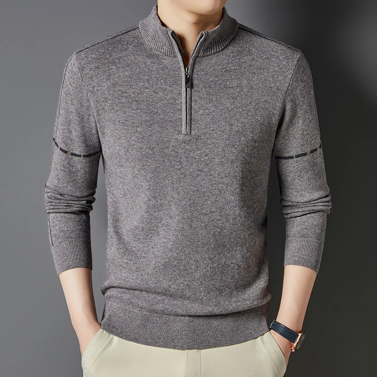 秋冬季加厚保暖羊毛衫男士休闲针织翻领拉链时尚