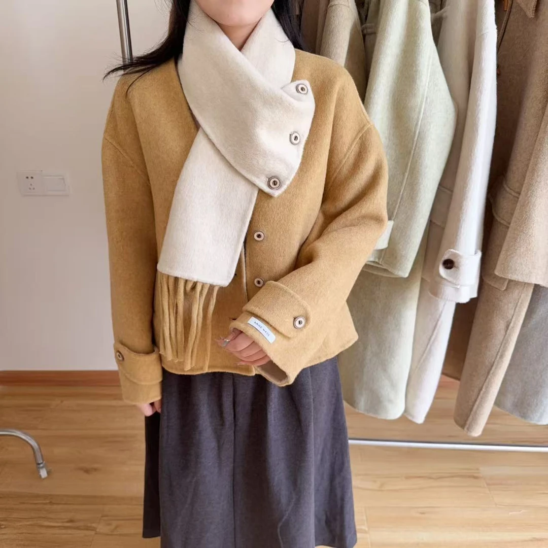 韩版围巾款双面羊毛呢短款外套小个子宽松显瘦