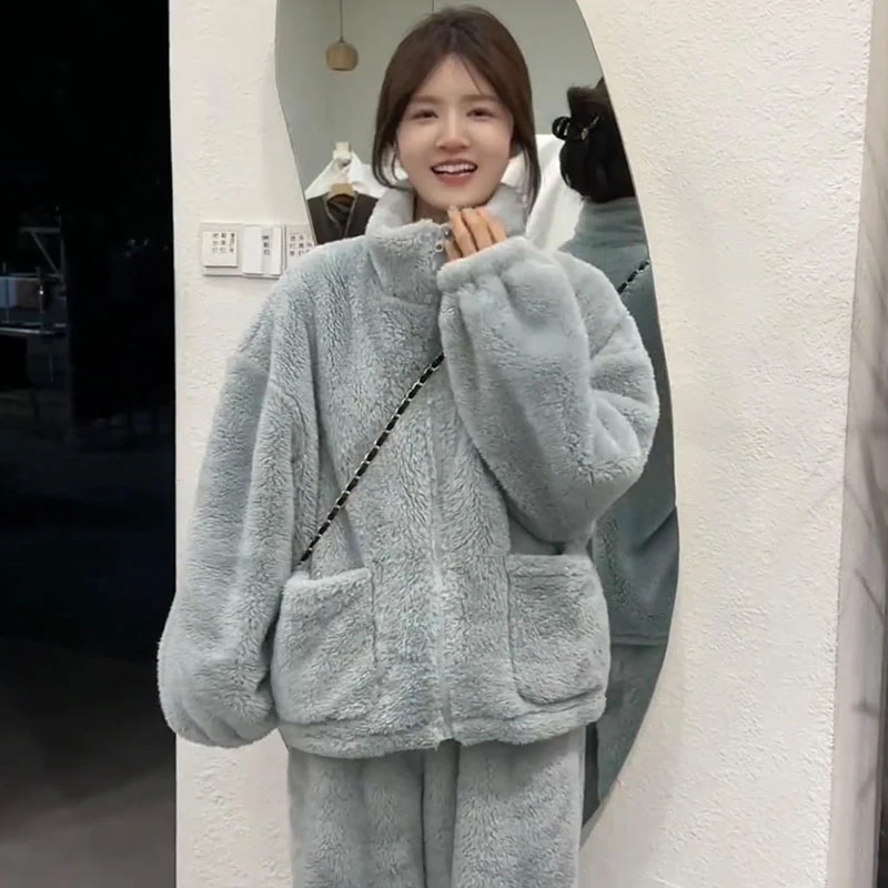 2025秋冬季纯色睡衣女士加厚加绒毛绒保暖韩系拉链立领居家服套装