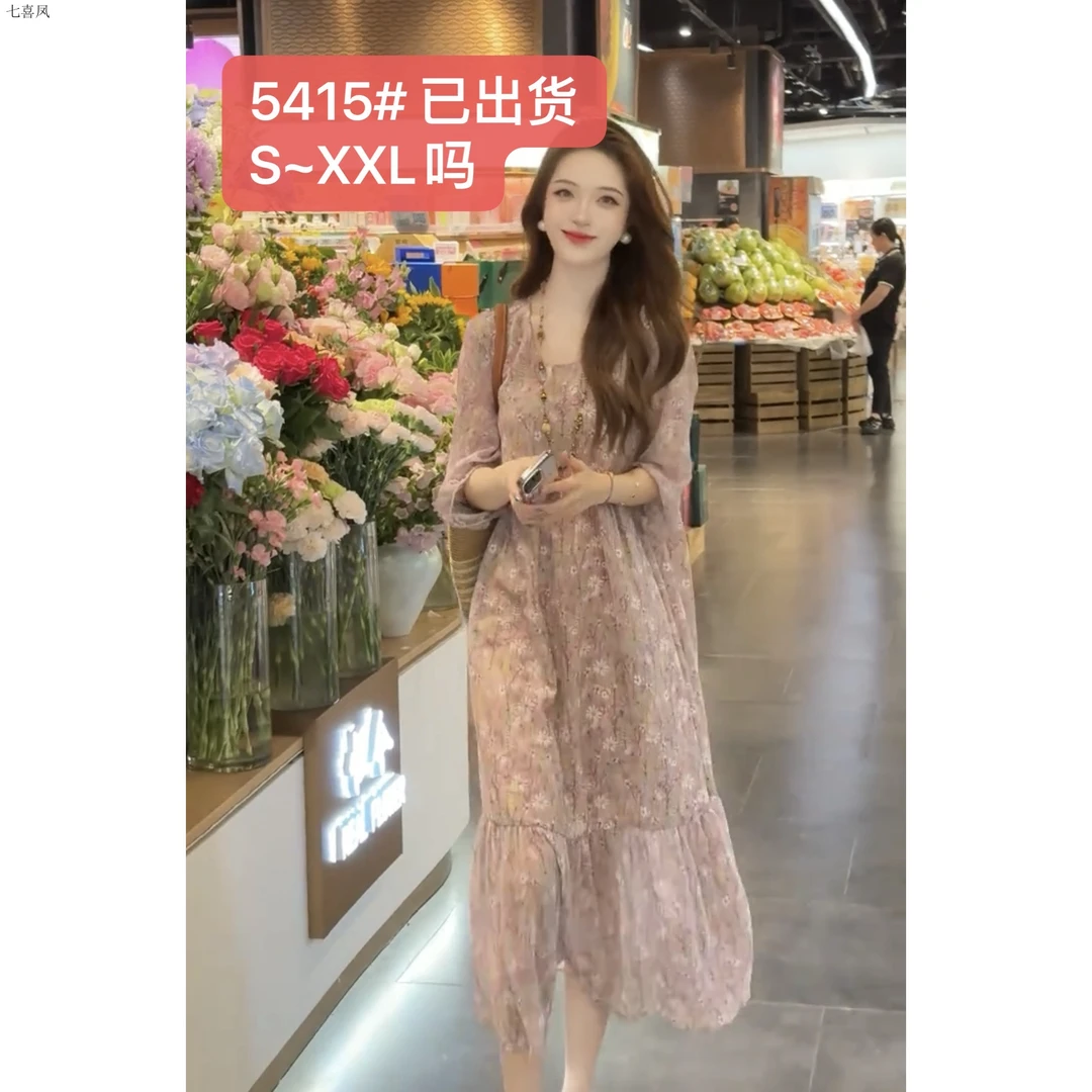 慵懒风法式连衣裙印花夏季新款时尚遮肉显瘦轻薄透气