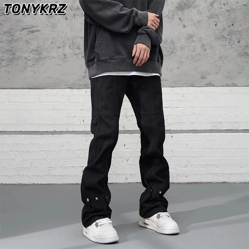 TONYKRZ美式高街vibe风黑色排扣牛仔裤男宽松直筒堆积感微喇裤子