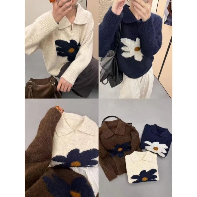 韩系提花套头翻领polo领毛衣女秋冬季外穿软糯加厚针织衫上衣A936