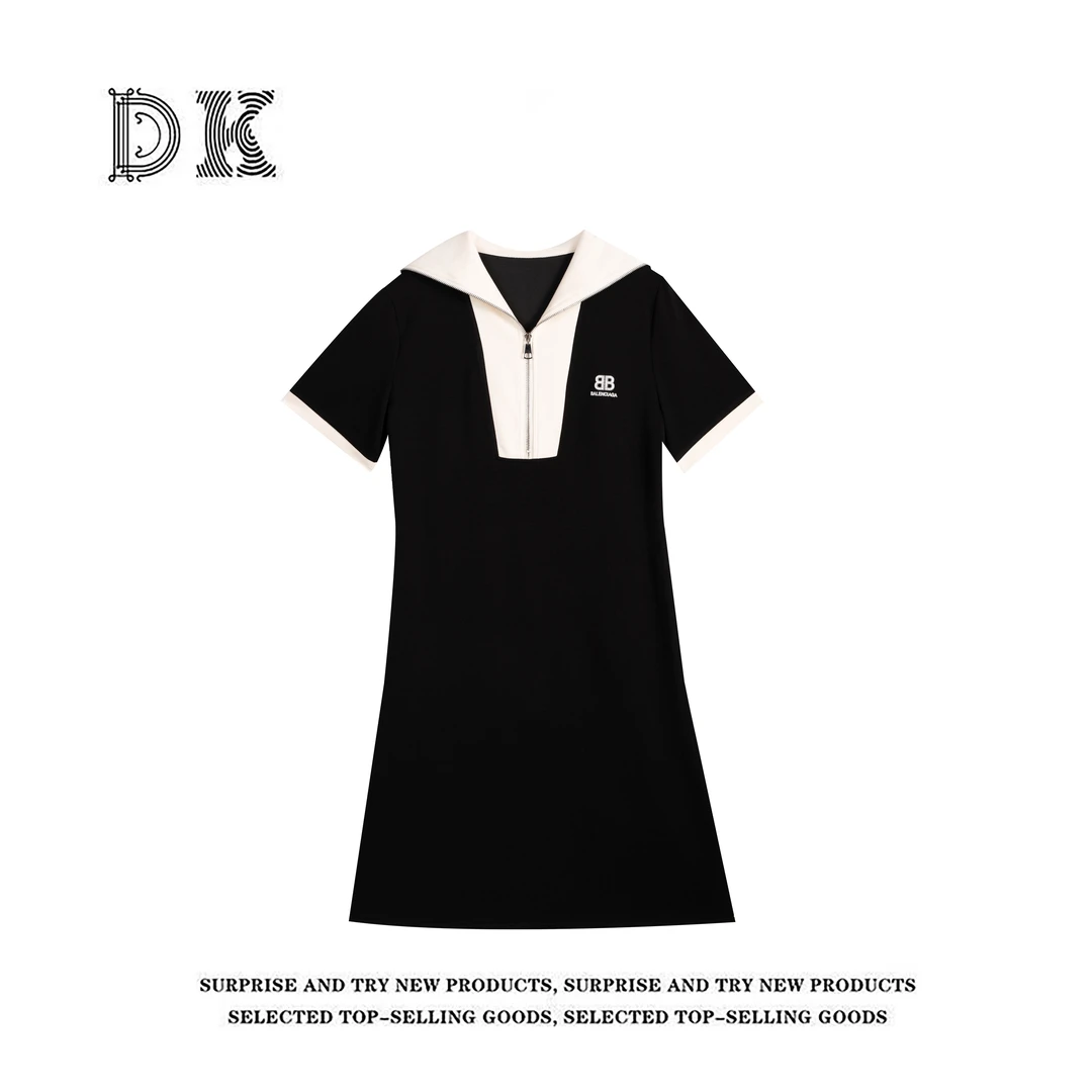 『时光巷陌』夏季新款显瘦气质海军领休闲中长连衣裙【DK】