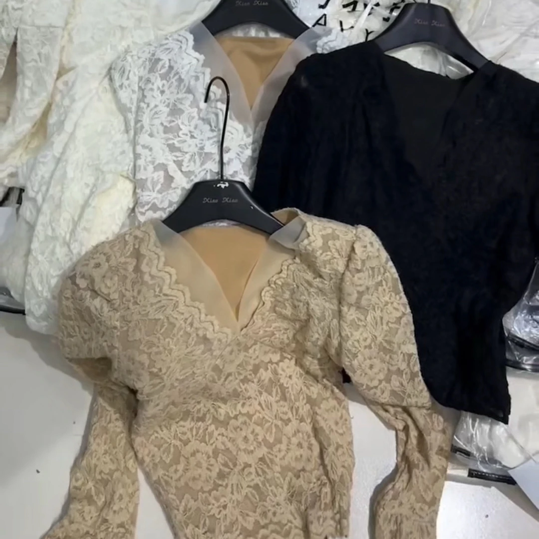 气质V领蕾丝长袖上衣秋冬加绒保暖修身百搭打底衫