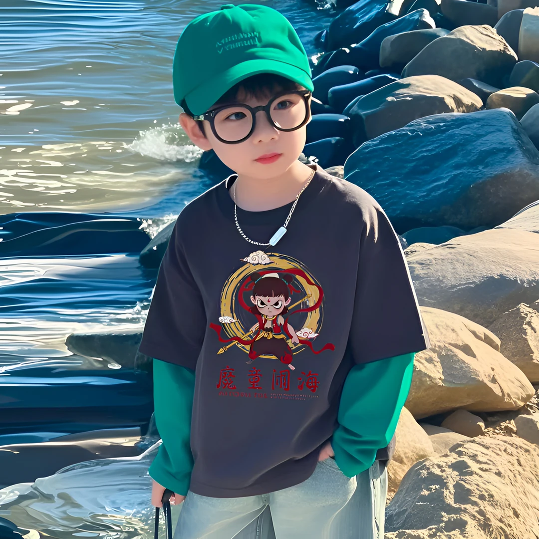 【亲子款现货】叱咤风云~爆款哪吒春秋款男童长袖T恤儿童假两件上衣