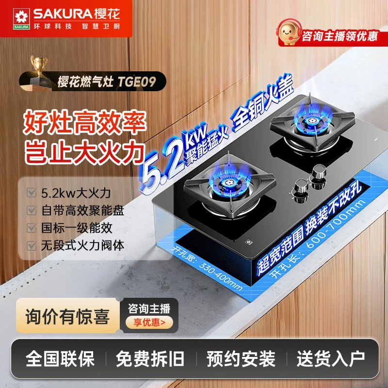 【活动专属】樱花TGE09燃气灶5.2KW台嵌两用一级能效大范围开孔