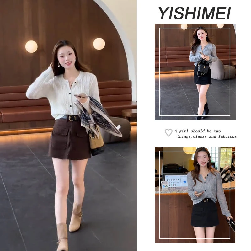 2025年秋季新款爆款设计感长袖针织上衣高腰显瘦A字工装短裙套装