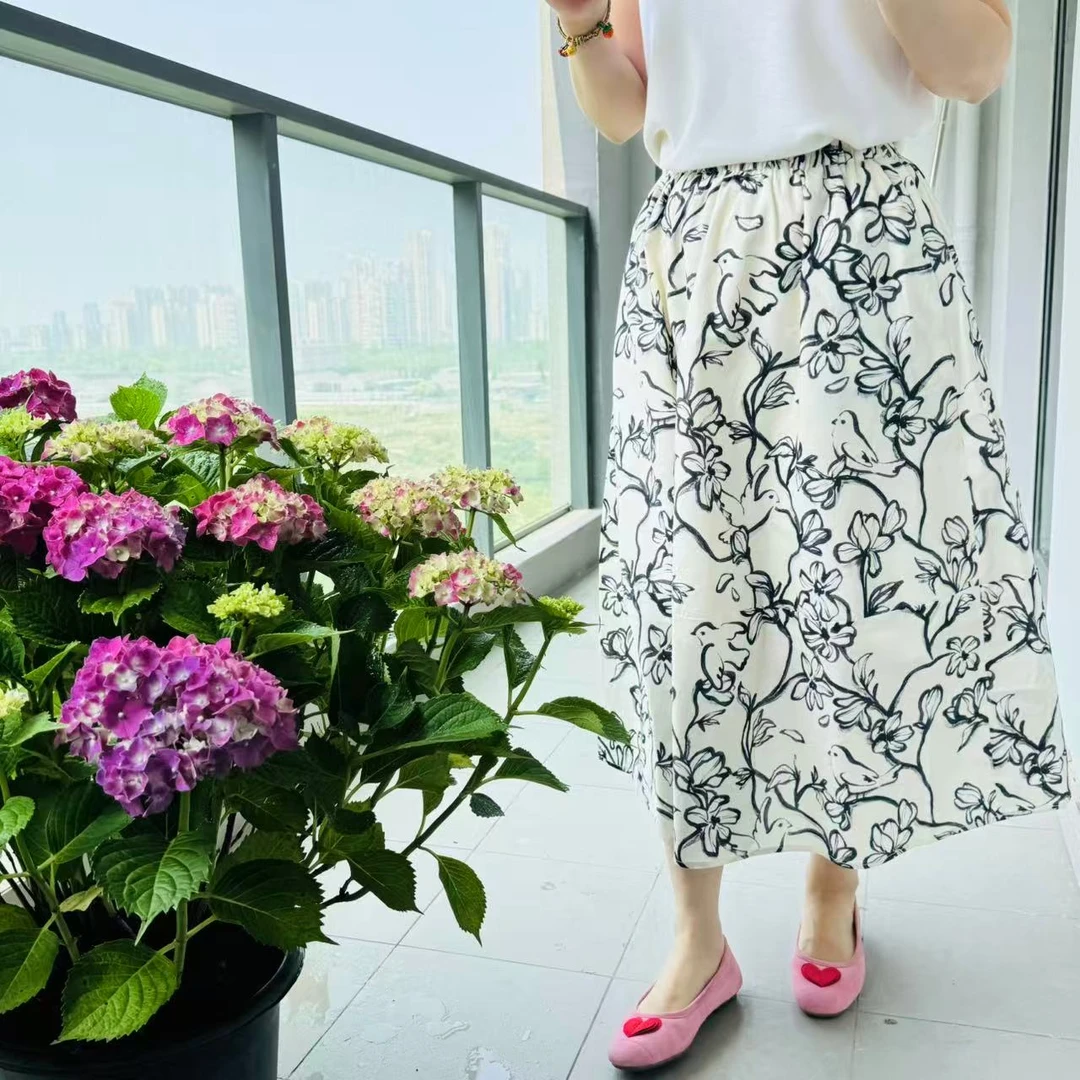 全棉度假风A字半裙显瘦高腰时尚印花半身裙