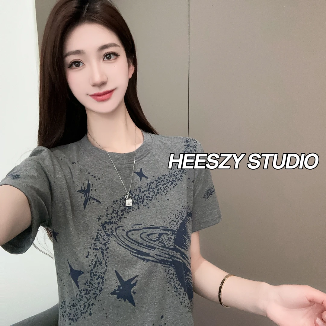 2025春夏新款星系印花显瘦设计宽松圆领韩版百搭韩版T恤短袖