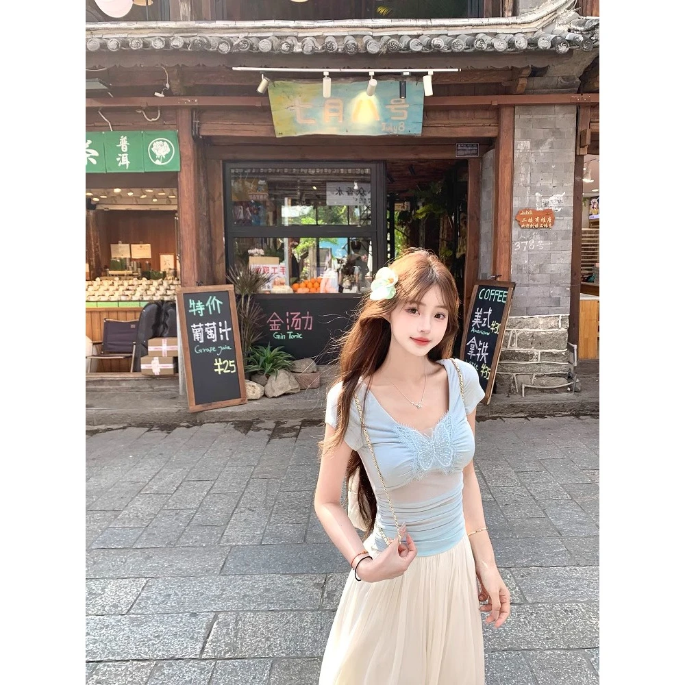 蝴蝶蜜语 网纱拼接显瘦弹力贴身蝴蝶镂空T恤/吊带