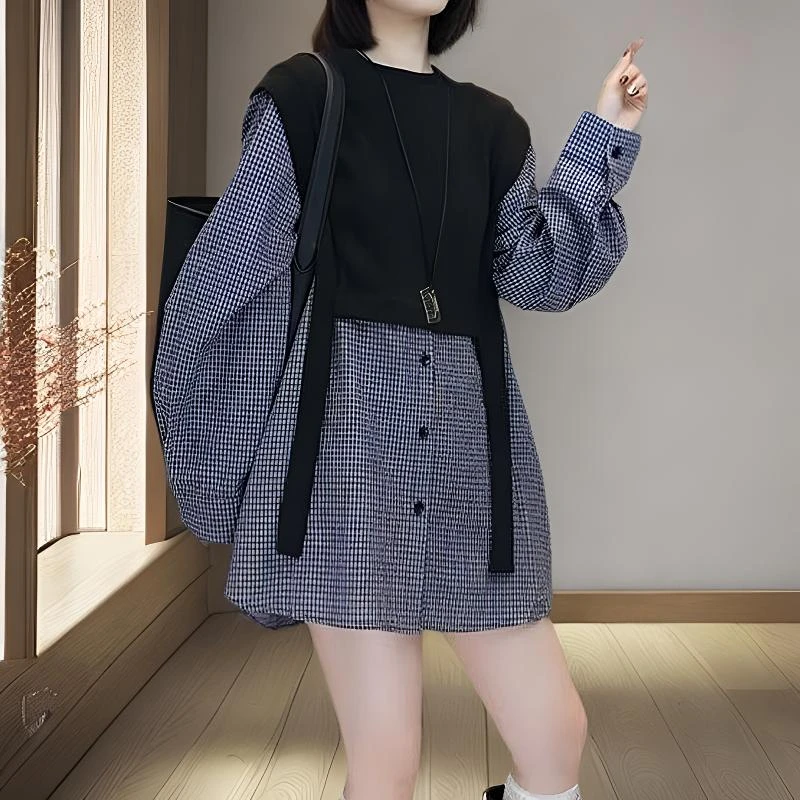 韩国高级感假两件格子衬衫裙早春秋新款质韩版显瘦时尚休闲女