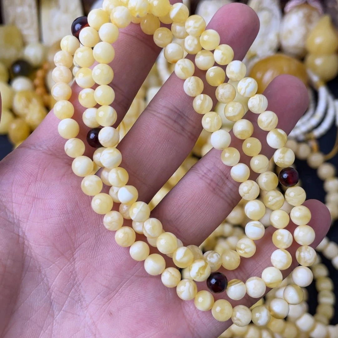 未镶嵌项链琥珀6+俄料金白妖花圆珠108