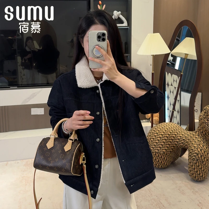 宿慕SUMU保暖翻领加绒牛仔外套女11-4冬季新款高级感时尚外套9039