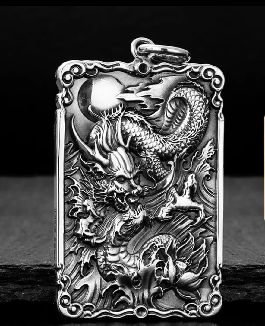 吊坠足银 足银999男士时尚复古个性霸气实心龙牌吊坠