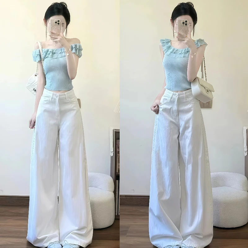 巨好看的夏一整套韩系洋气荷叶边一字肩上衣牛仔裤松弛感女装套装