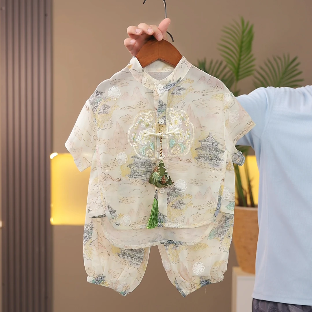 儿童汉服男童女童夏季新款童装宝宝古风短袖短裤中式夏款套装薄款
