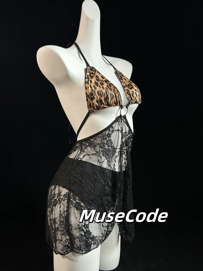 MuseCode/原创豹纹吊带网纱蕾丝睡衣金属扣装饰免脱吊带裙