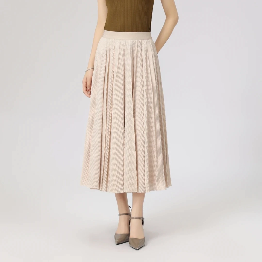 新款气质A字中长裙松紧高腰百 褶纱裙半身裙 1200352