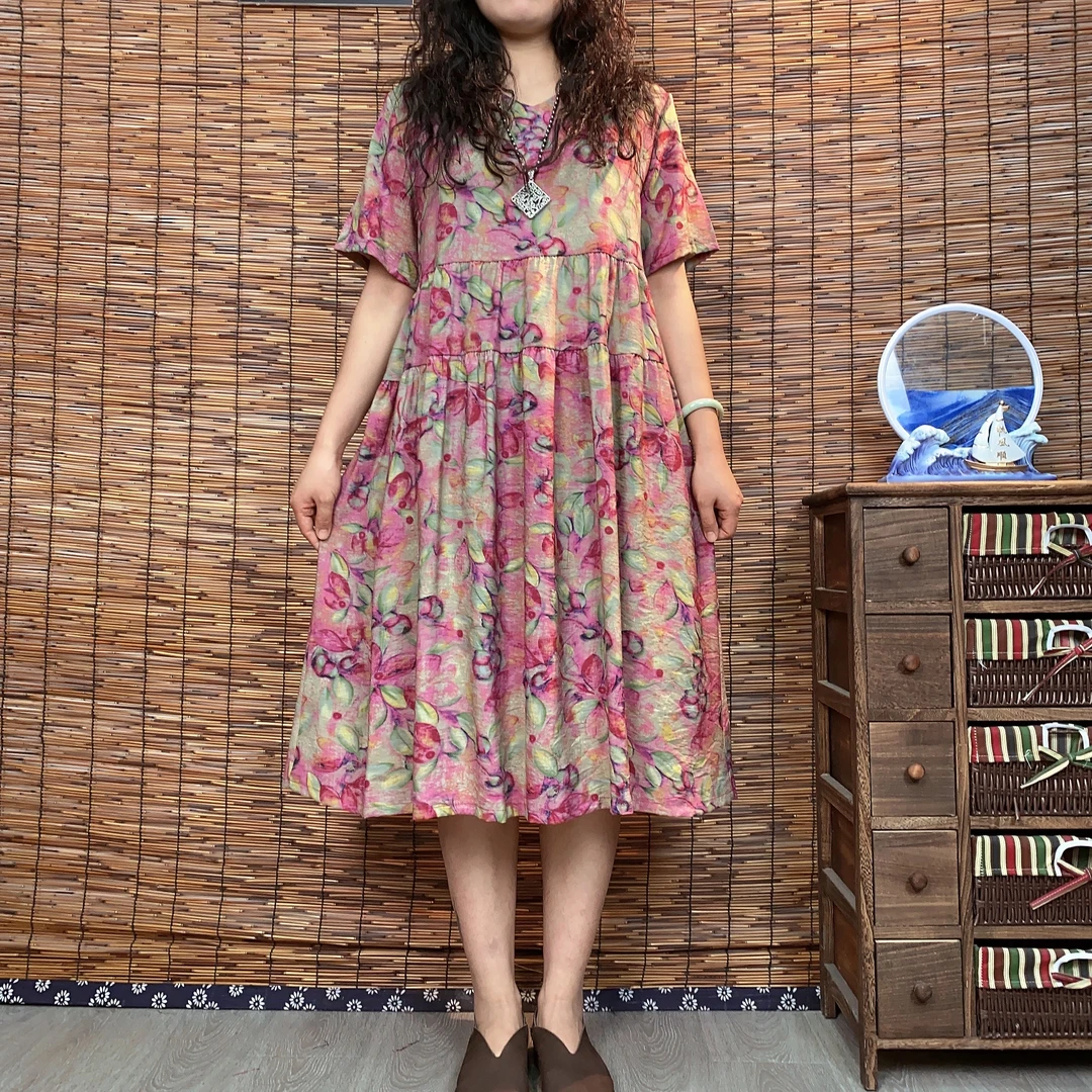 6450新款文艺优雅显瘦气质A字版印花长款大摆连衣裙时尚文艺