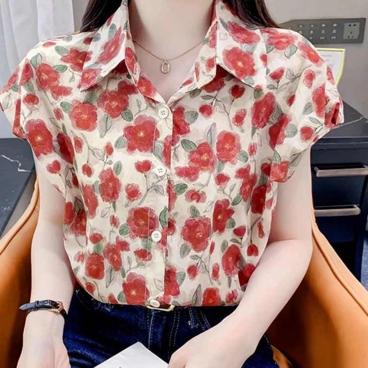 复古港风时尚碎花衬衫女夏季2025年新款气质设计感小众小飞袖上衣