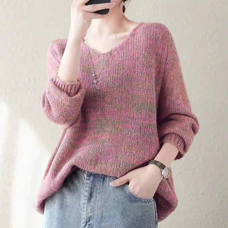 花粉色~洋气毛衣套头女宽松百搭圆领慵懒风针织衫气质上衣