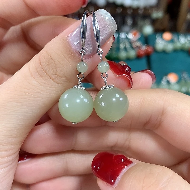 和田玉银S925镶嵌耳饰天然卡12mm左右冰晴水