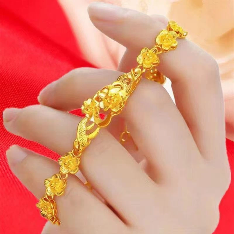 金色24k手链9999黄金色玫瑰花手链女款优雅大气花手链手饰送爱人