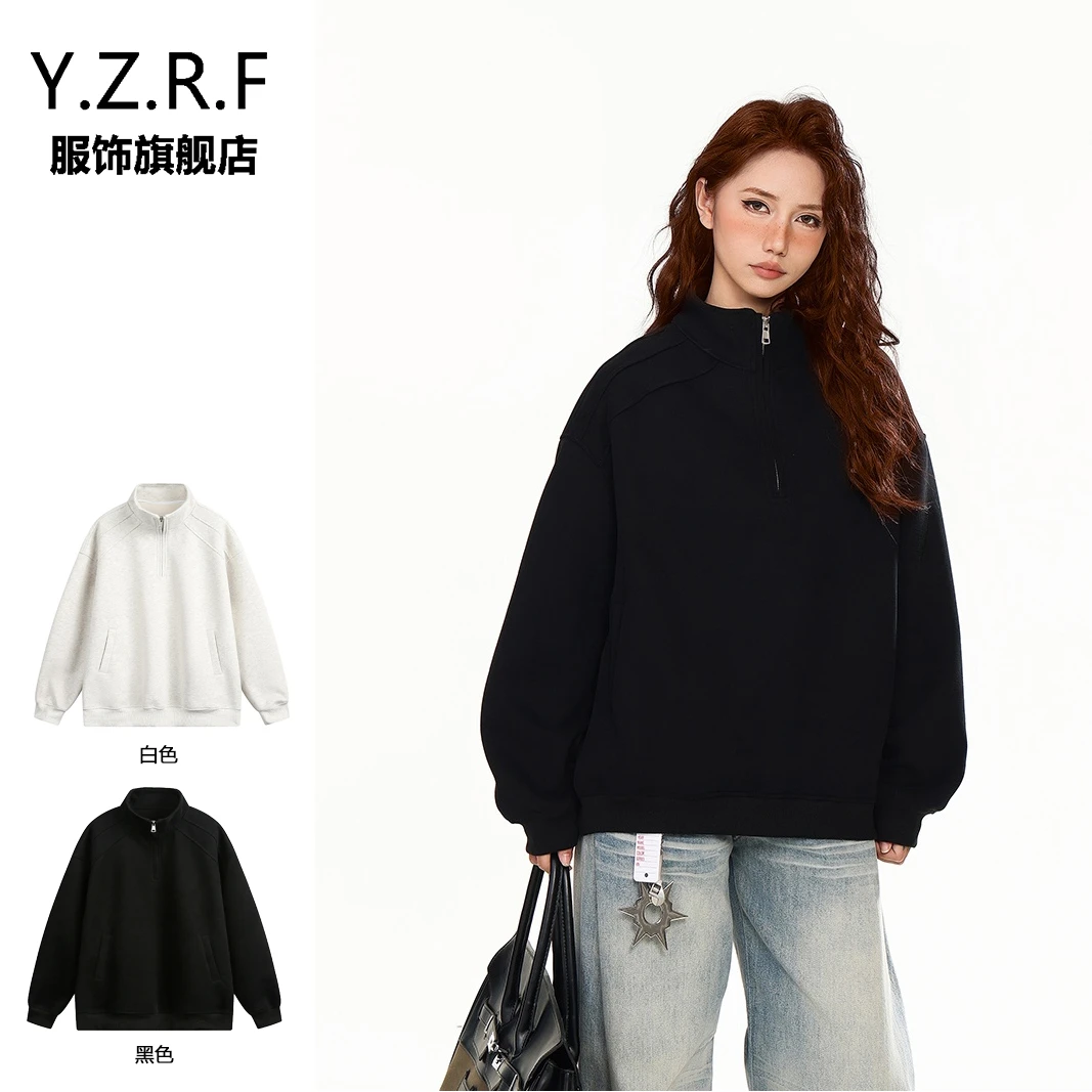 日系复古纯色套头半拉链卫衣男女2025秋季宽松情侣外套上衣