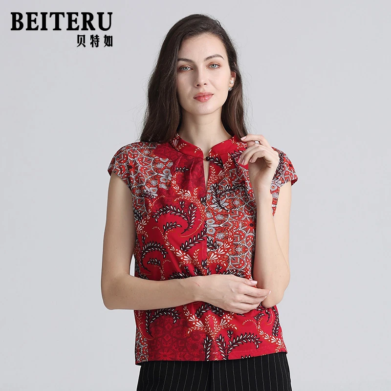 贝特如国风新款中年妈妈洋气上衣女装夏季优雅印花T恤宽松YJ小衫