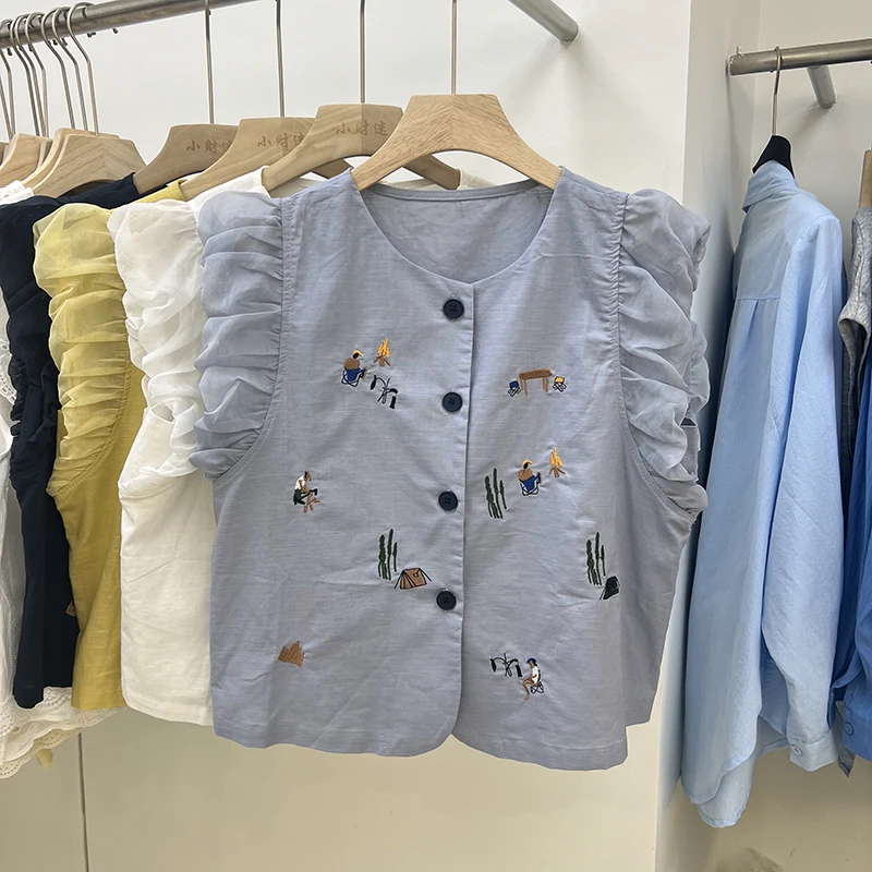 2025夏季新款时尚圆领刺绣拼接无袖马甲衬衫女气质百搭上衣潮衬衣