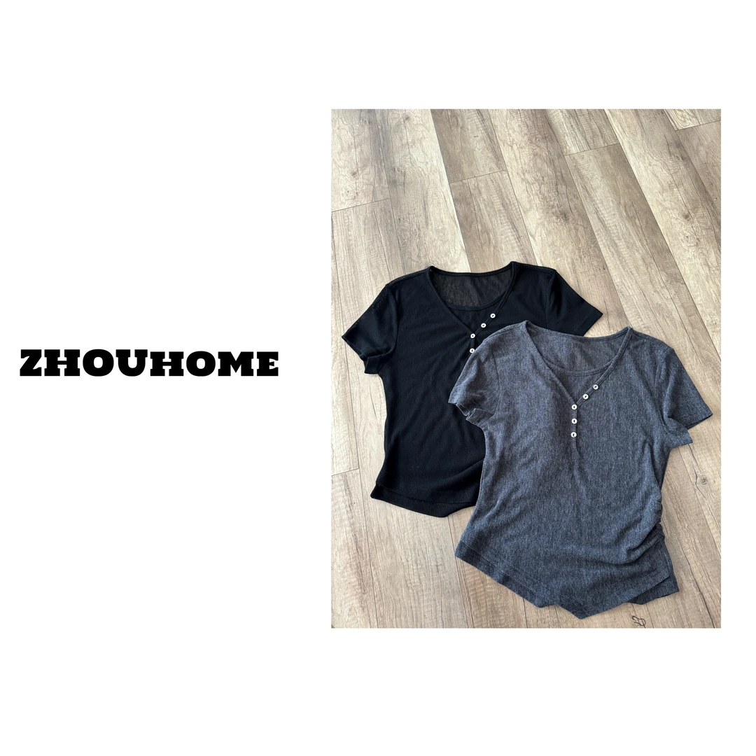 【周周服饰】韩货设计感减龄显瘦V领不规则假两件短袖T恤女春夏新款
