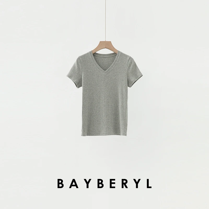 BAYBERYL老贝螺纹T*V领百搭显瘦修身纯色25春短袖T恤NT5B1742-3/1