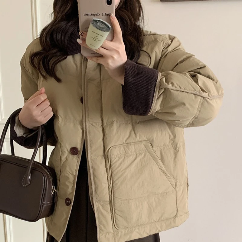 小个子灯芯绒翻领保暖棉服女2025年新款冬季韩版宽松高级感短外套