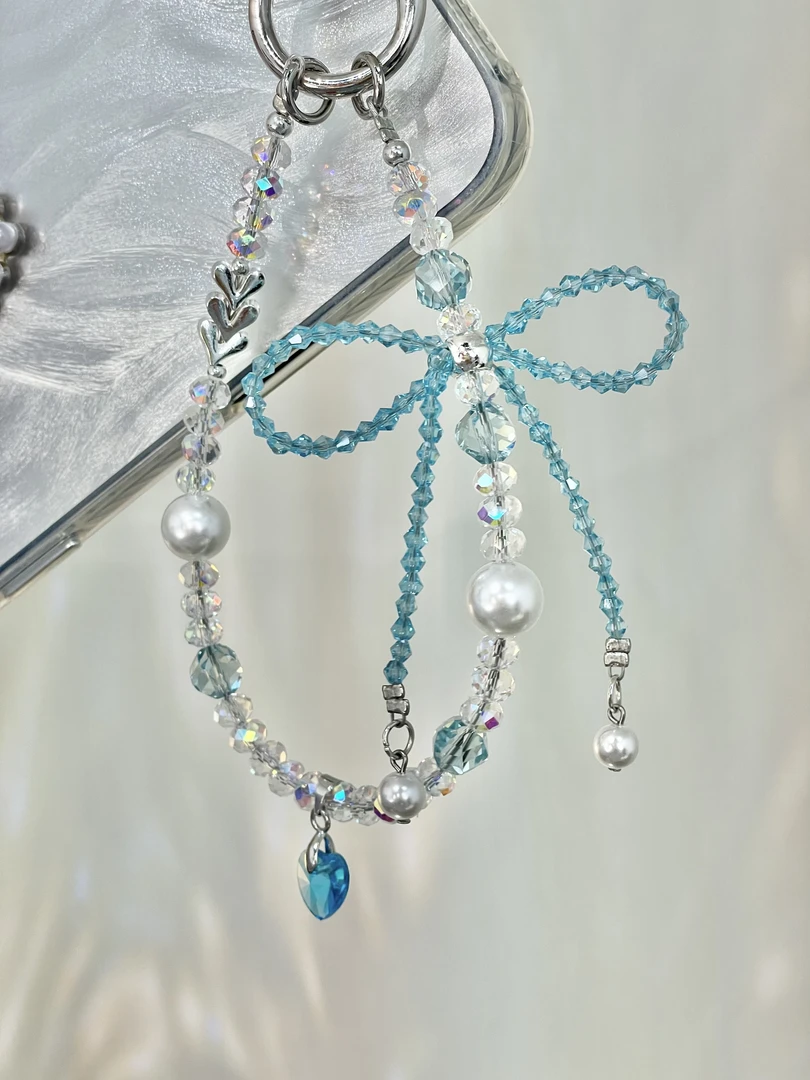 新款蓝色水晶爱心蝴蝶结手机链短链可爱diyins