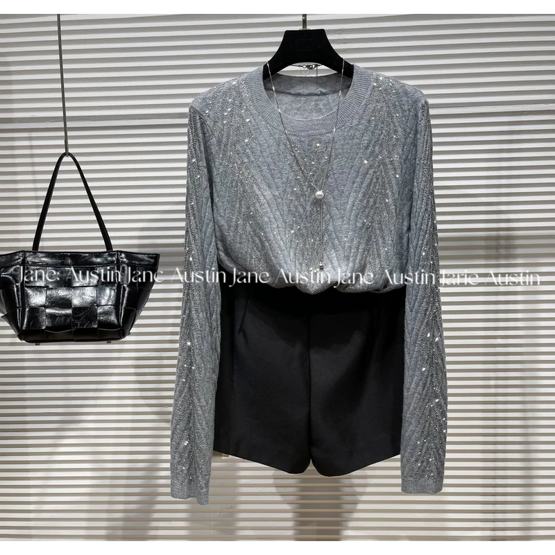 Jane Austin •（高级灰）显瘦长袖圆领针织衫修身时尚百搭毛衣女