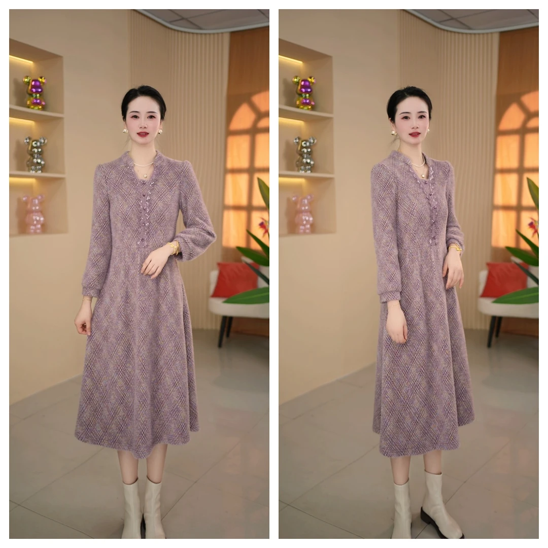 2025冬季新款气质修身优雅长裙收腰显瘦百搭立领中长款连衣裙