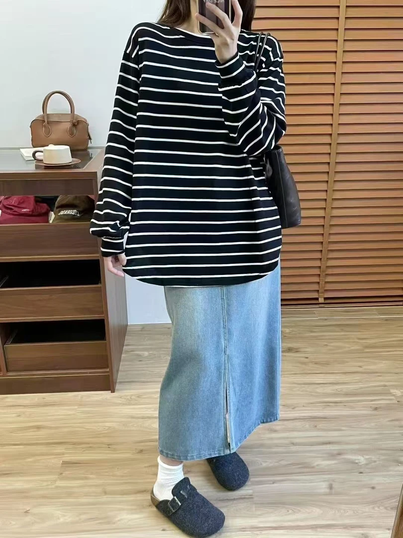 2538韩系条纹慵懒风长袖薄款设计感宽松