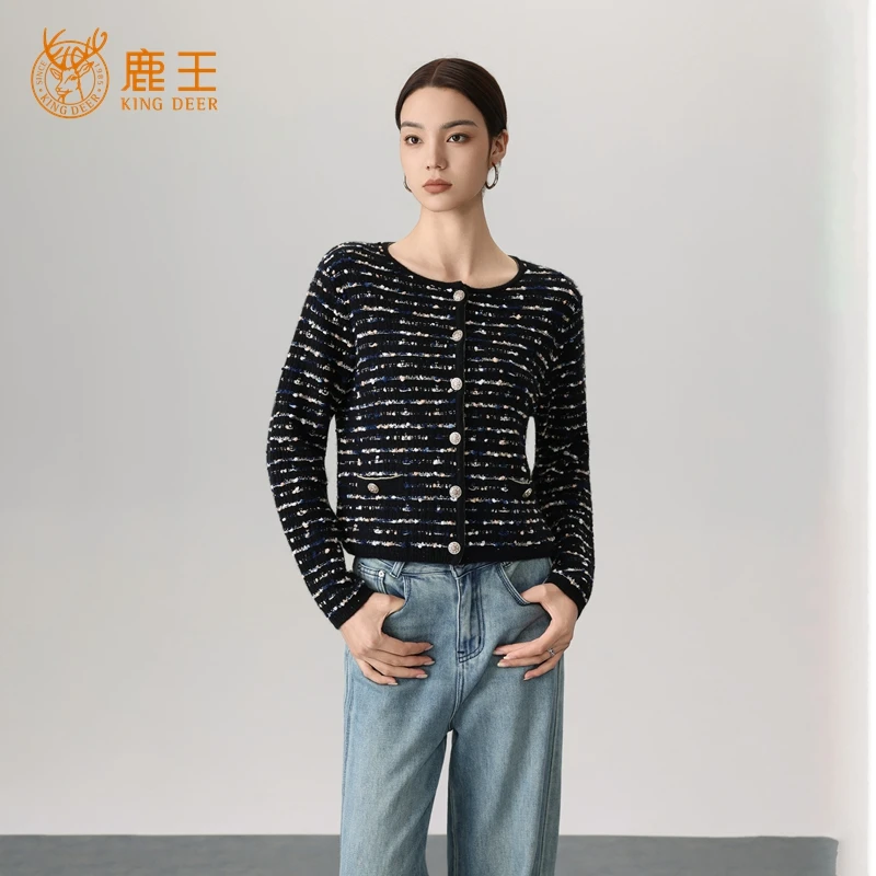 鹿王25秋冬新款女圆领100山羊绒时尚短款小香风开衫 加厚 5J9762