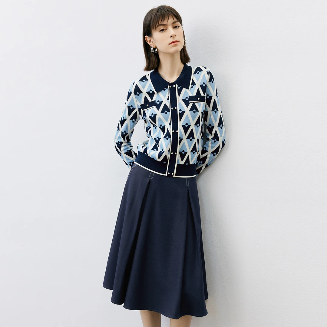 颜域翻领小香风针织衫女士2025新款早春通勤蓝色格子气质上衣短款