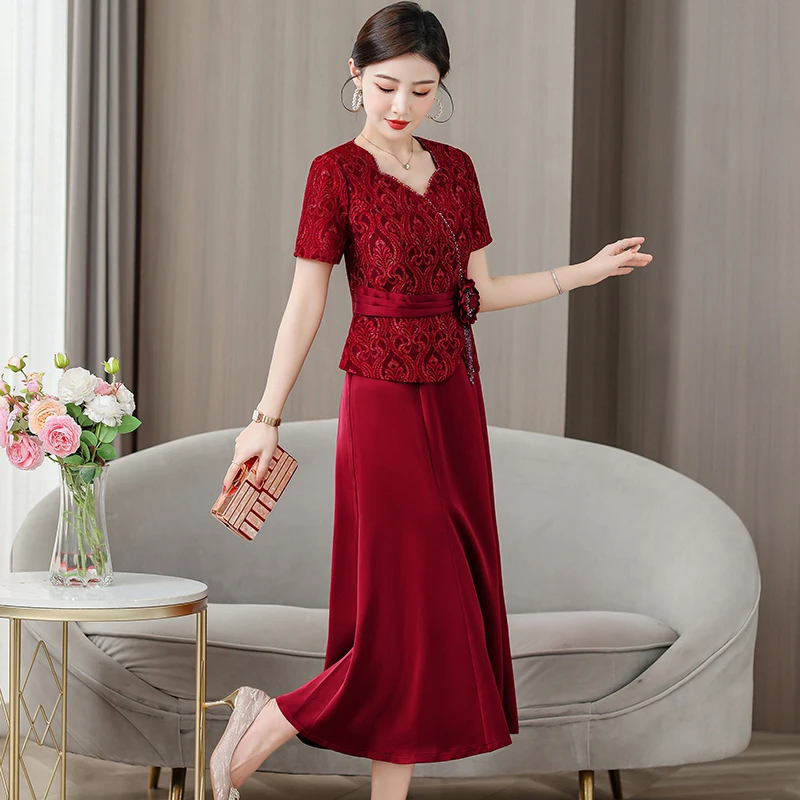 气质连衣裙两件套妈妈婚宴礼服洋气时尚喜婆婆夏季新款时尚中长裙