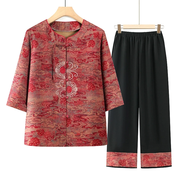奶奶装套装2025夏季新款两件套老年人衣服七分袖上衣透气妈妈装