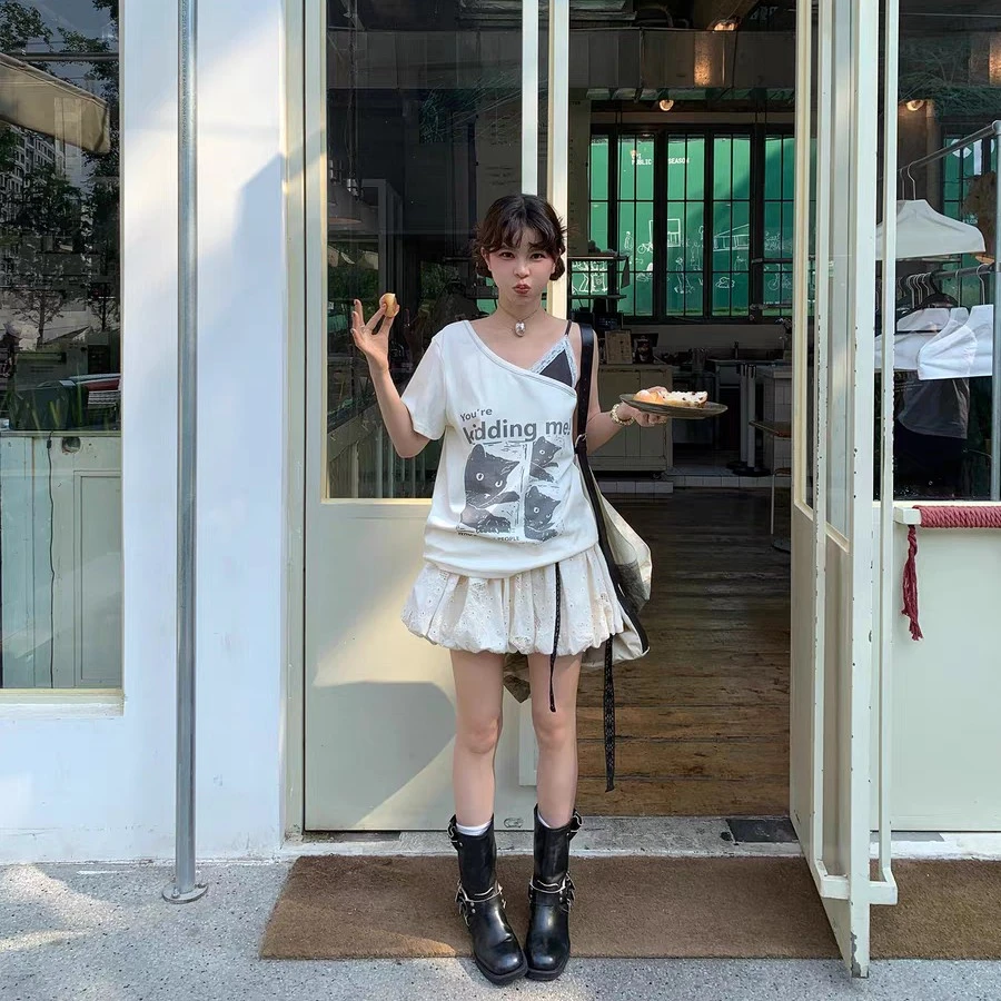 le rouge周美美 猫猫的突围不对称斜肩假两件叠穿印花短袖T恤