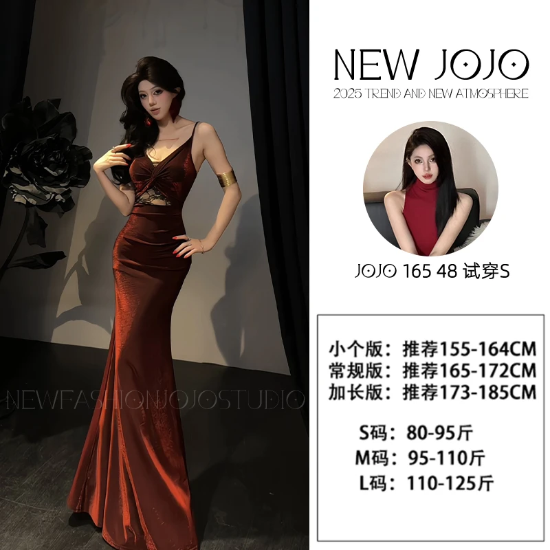 g5/F127 0613【XW】【155-185CM】法式复古红性感吊带高弹修身连衣裙