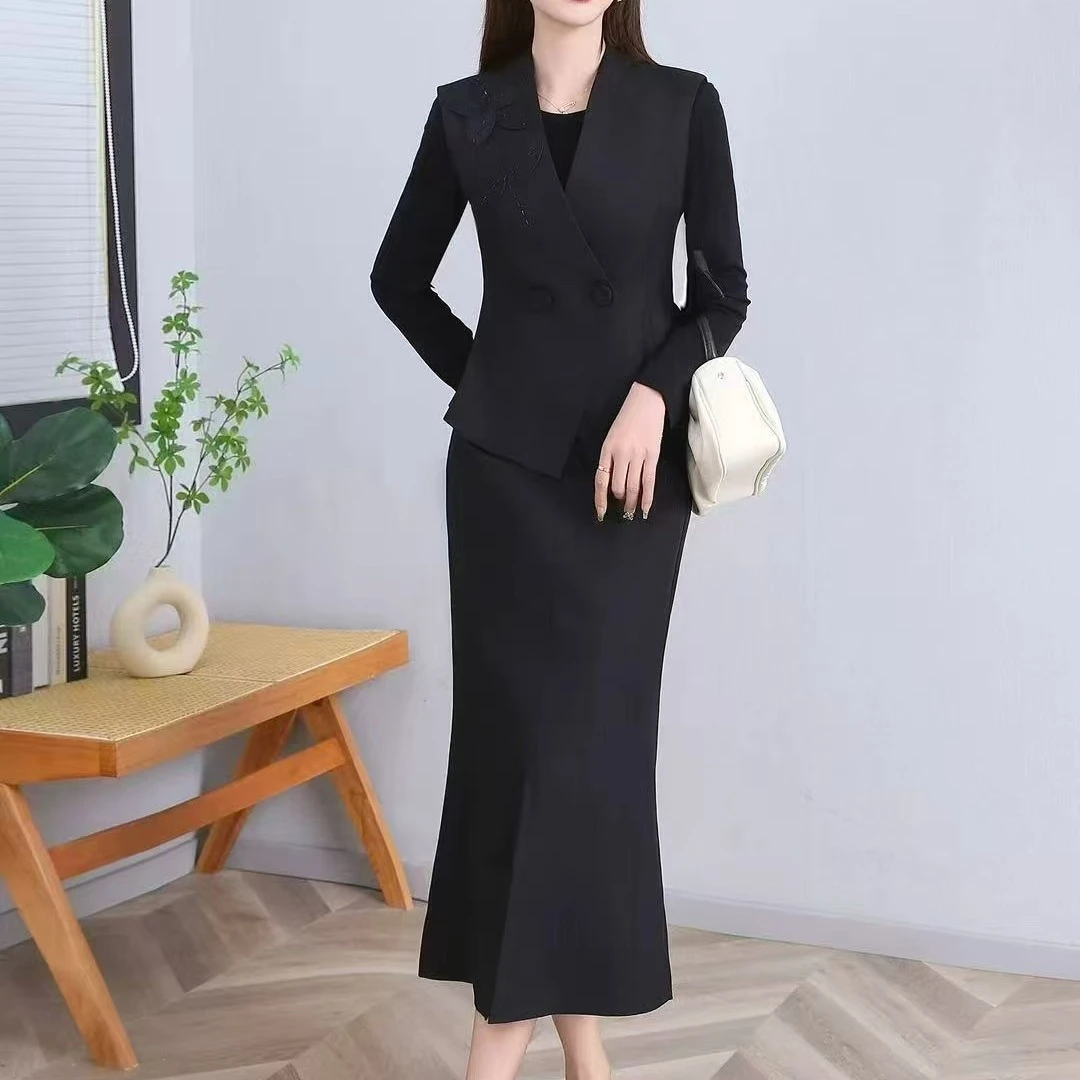 彬彬家秋季新款法式高级感黑色复古马甲显气质鱼尾三件套女装