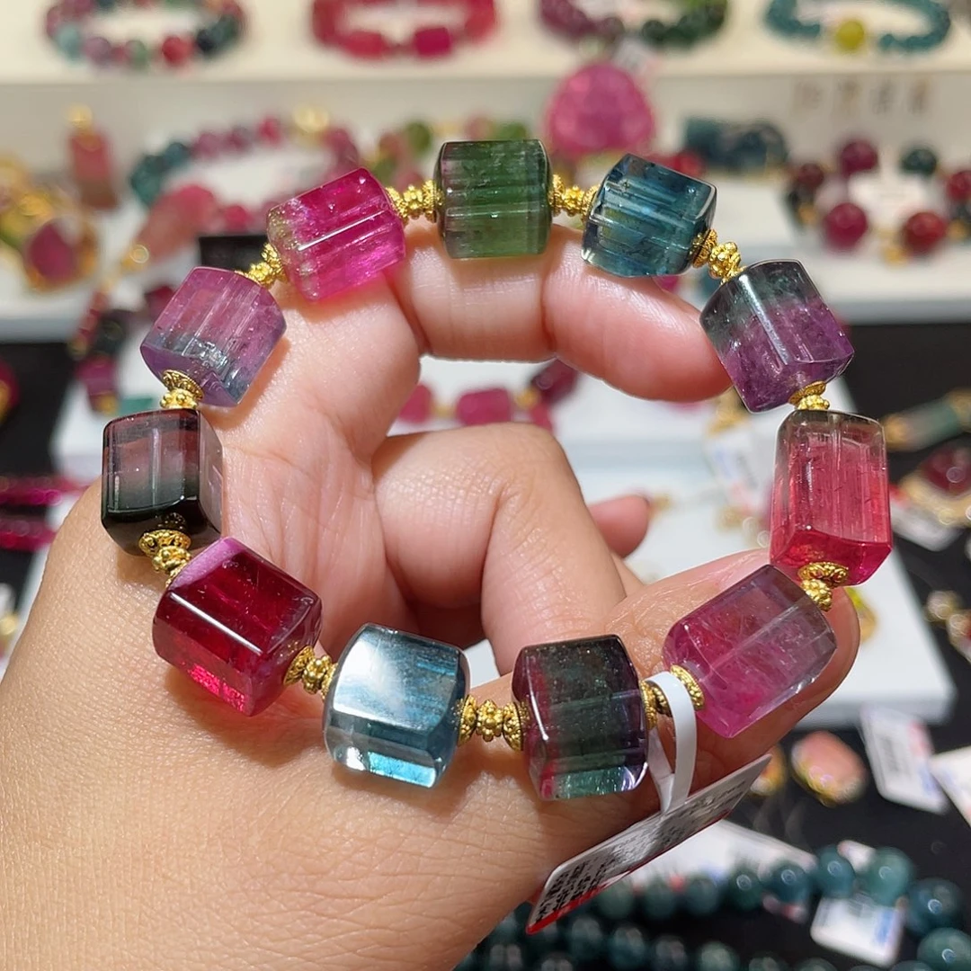 西瓜碧玺手链18K金镶嵌 方糖9.5-10+mm