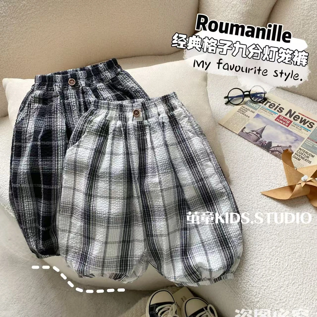 【麦麦妈】X373夏季小童经典格子九分灯笼裤新品男女宝宝休闲百搭