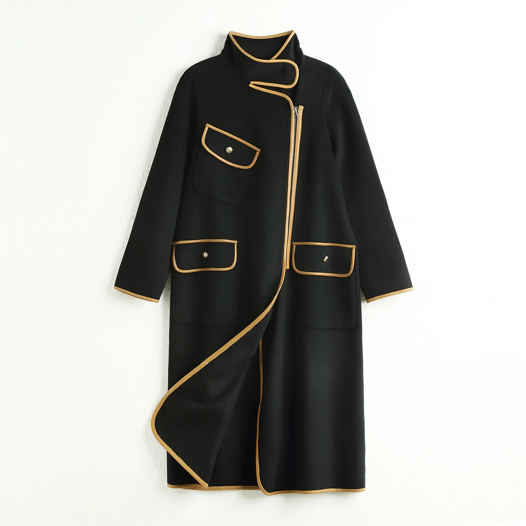 【绵羊毛】春季重工手缝包边中长款双面呢气质大衣女ET22626D