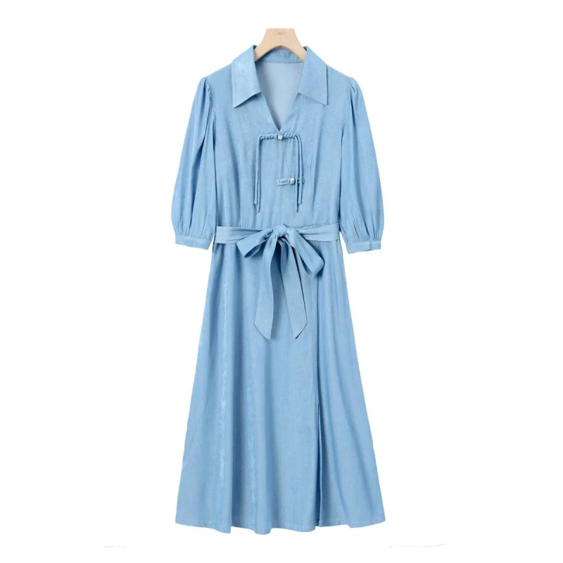 夏季新中式盘扣牛仔五分袖连衣裙Q556