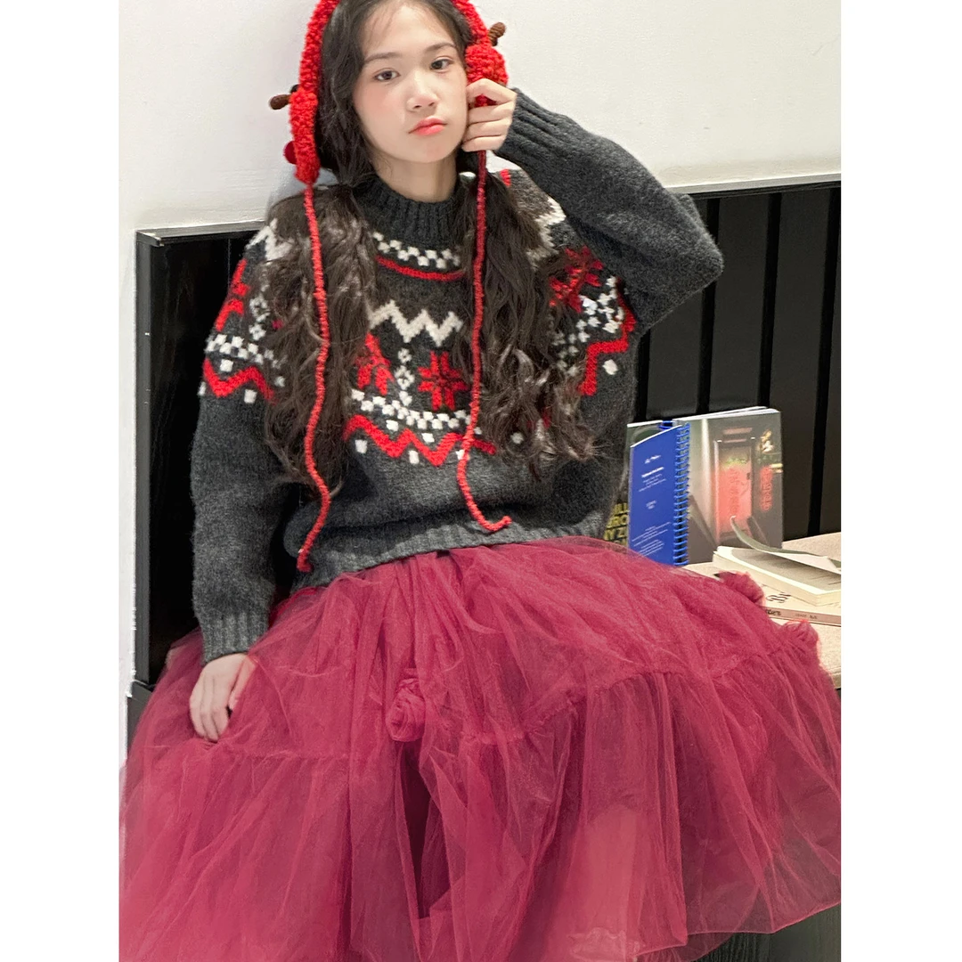 K29981孙小美圣诞氛围女童提花毛衣2025秋冬新款儿童加厚针织打底