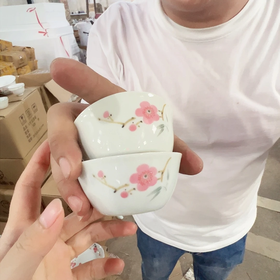 瓷片景德镇陶瓷翠竹红梅影青缸杯2只